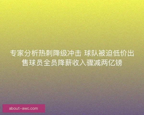 专家分析热刺降级冲击 球队被迫低价出售球员全员降薪收入骤减两亿镑